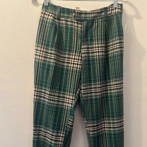 Free People Acadia Collection Green Plaid Pants Cuffed Pleated Stretch Slacks